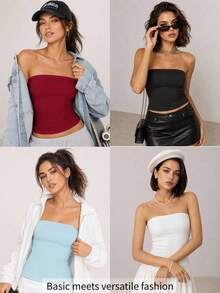 SHEIN BASICS Women's Solid Color Fitted Versatile Daily Wear Bandeau Top - Burgundy - View 9
