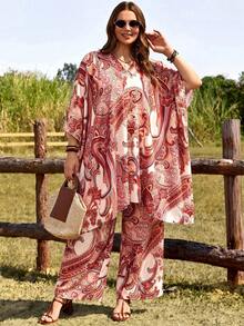 EMERY ROSE Plus Size Paisley Print Casual Vacation Top And Pants 2 Pieces Set Fall - Apricot - View 4