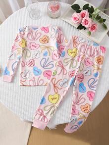 2 Pieces Girls' Tight Long Sleeve Pants With Cute Heart & Bow Full Print, Best Gift For Girls, Home Wear, Versatile Fashion, Best Choice - Pink - View 2