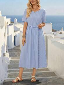 EMERY ROSE Women's Striped Beach Vacation Round Neck Ruffle Short Sleeve Dress - Blue - View 4