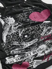 ROMWE Y2K Plus Size Women's Letter Print Rhinestone Embellished Fitted Versatile Casual Top - Black - View 4