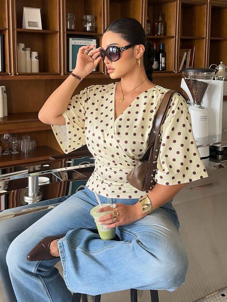 Muchica Plus Size Polka Dot Summer Elegant 1950s Vintage Party Women's Wrap Ruched T-Shirt, Casual V-Neck Designer Blouse, Modern 3/4 Sleeve Women's Top Beige - Multicolor - View 6