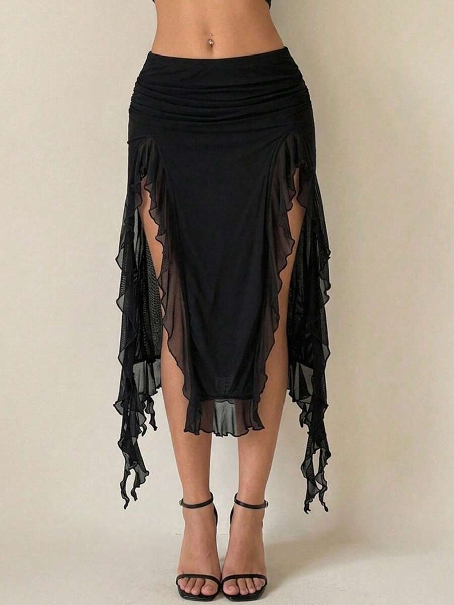 SHEIN ICON 女士打褶拼接分層不對稱下擺中長款低腰裙 - 黑色 - 查看 1