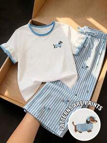 SHEIN Tween Girls Knit White T-Shirt With Cartoon Contrast Print And Short Flutter Sleeves, Striped Long Pants Casual Set For Back To School - Blue - View 1