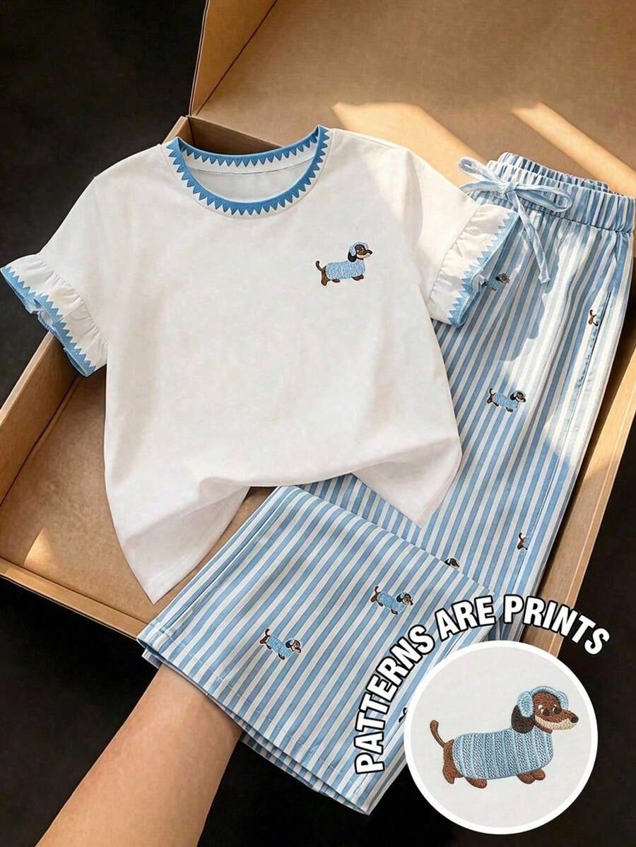 SHEIN Tween Girls Knit White T-Shirt With Cartoon Contrast Print And Short Flutter Sleeves, Striped Long Pants Casual Set For Back To School - Blue - View 1