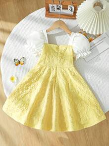 SHEIN Elladie kids 女童方領白色泡泡袖拼接黃色3D碎花提花花朵中心珍珠水鑽洋裝仙女風度假派對夏季 - 黃色 - 查看 5