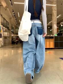 DAZY 女款韓式休閒水洗破洞牛仔長褲 - 藍色 - 查看 5