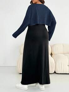 Shapeblank Setelan 2 Potong Wanita Ukuran Besar Berwarna Polos, Gaun dan Atasan Lengan Panjang, Modis untuk Musim Gugur - Navy Blue - View 3