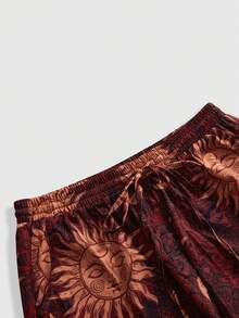 ROMWE Hippie Plus Size Dark Vintage Mysterious Star & Moon All-Over Print Long Pants - Red - View 3