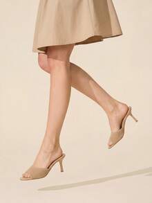 CUCCOO BASICS Chic Women's Knitted Open Toe Heeled Sandals In Nude Tone Slip On Stiletto Heels - Apricot stripes - View 7