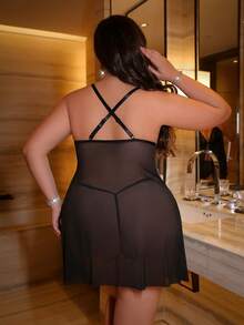 Seduluxe 1件蕾絲拼接大尺碼內衣洋裝 - 黑色 - 查看 2
