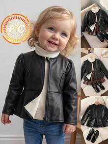 SHEIN Baby Girl Cute Versatile Black Thermal Lined Jacket Coat For Autumn/Winter - Black - View 1