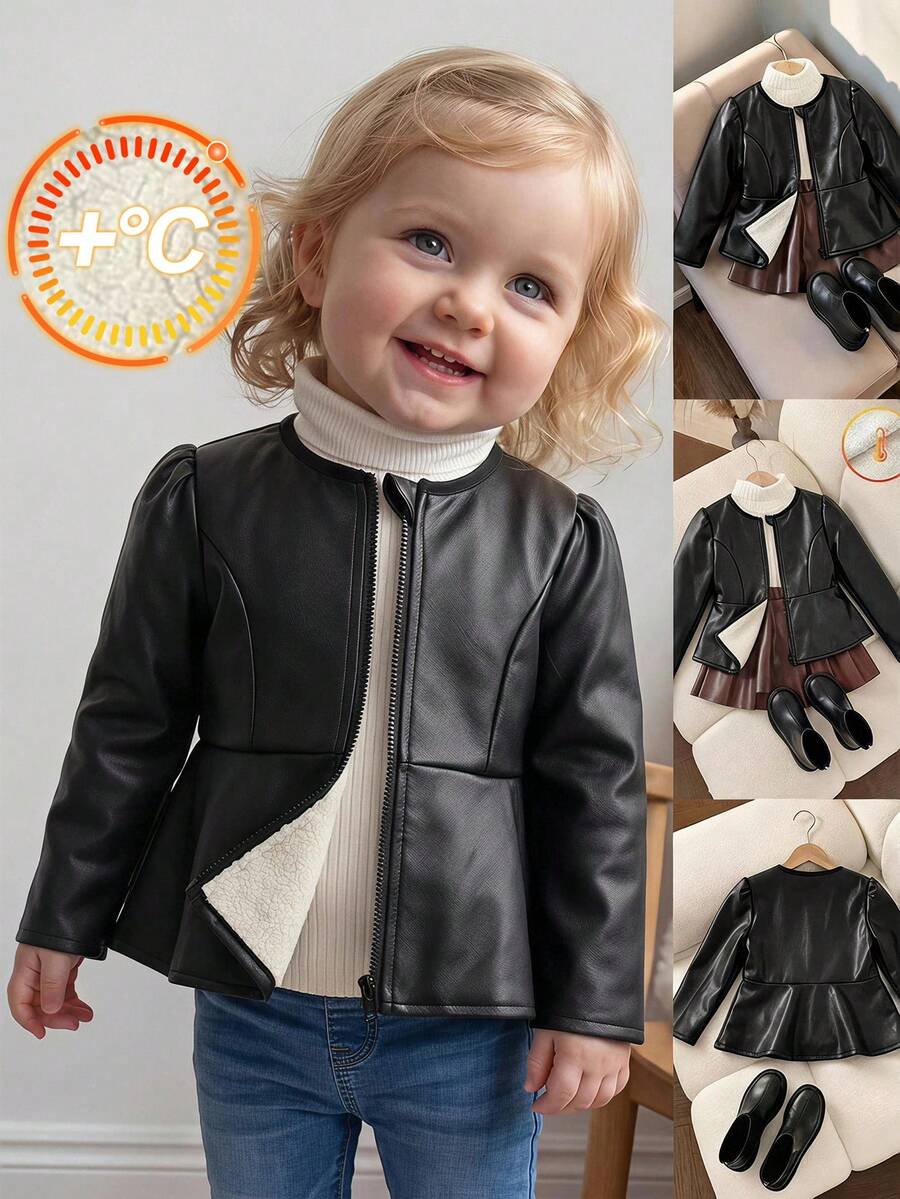 SHEIN Baby Girl Cute Versatile Black Thermal Lined Jacket Coat For Autumn/Winter - Black - View 1