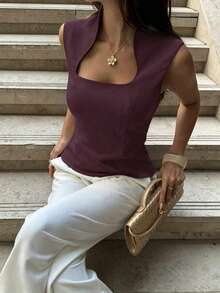 Cévolie Summer Elegant Commute Solid Color Sleeveless Top Brunch Dark Purple - Purple - View 1