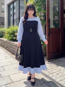 Bijouette 大尺碼休閒日系條紋拼接二合一洋裝，日系甜美風，外出洋裝，生日洋裝，秋季日常穿著 - 藍色 - 查看 5