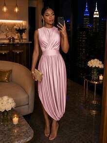 SOLERSUN Summer Women's High-End Waist-Cinching High-Waisted Design Apricot Bodycon Slim Long Dress - Pink - View 6