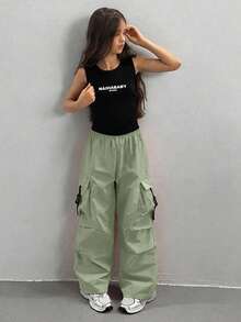 SHEIN Sparklyn 青少年女孩休閒百搭工裝褲，適合週末外出 - 軍綠色 - 查看 3