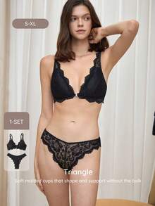 Bralution 2pcs Black Molded Cup Water Drop Cup Push Up Lace Patchwork Sheer Rhinestone Glitter Romantic French Women's Lingerie Set Wedding Guest - Black - View 4