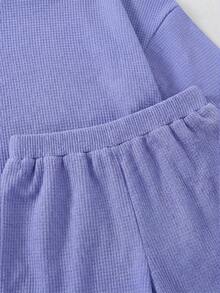 SHEIN LMoss Kids 两件套女童针织纯色圆领宽松T恤和修身短裤套装 - 紫色 - 查看 4