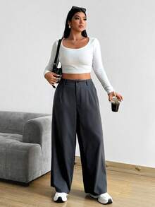 Vionelle Plus Size Loose Straight Wide Leg Pants With Pockets, Solid Color Fall Cloth For Women - Dark Grey - View 5