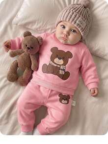 Newborn Baby Autumn/Winter Cute Camel Color Cartoon Pattern Long Sleeve Sweatshirt & Pants Set - Baby Pink - View 1