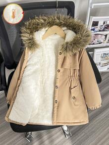 SHEIN 女童中長版收腰連帽加厚棉襖外套，保暖內裡、厚填充、鈕扣開襟、大毛領、修身版型 - 卡其色 - 查看 1