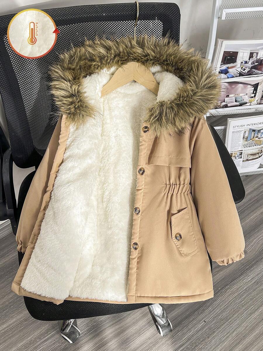 SHEIN 女童中長版收腰連帽加厚棉襖外套,保暖內裡、厚填充、鈕扣開襟、大毛領、修身版型 - 卡其色 - 查看 1