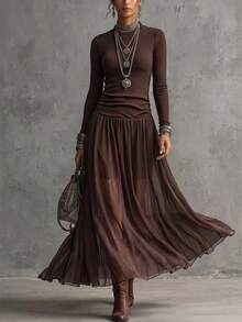 LUMIGAL AB Colorblock Knit Faux Sweater Ribbed Fitted Semi-High Neck A-Line Vintage Elegant Versatile Inner Layer Party Outing Commute French Style Women's Dress - Brown - View 3