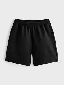 Merionis Men's Solid Color Elastic Waist Pocket Casual Shorts - Black - View 5