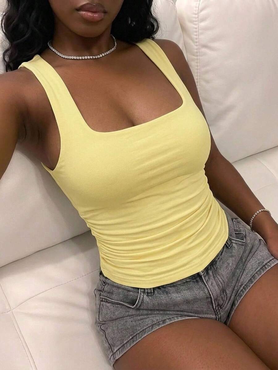 Fiercella Fiercella Women's Solid Color Square Neck Pleated Cropped Fitted Casual Tank Top - Yellow - View 1