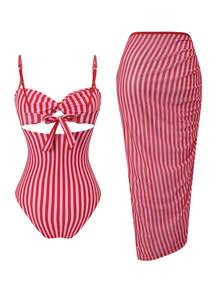 Swim SXY 夏季新款女款 2 件式海灘套裝，含一件式上衣、漸層編繩細肩帶、側綁帶海灘裙比基尼 3 件套 - 粉色 - 查看 3