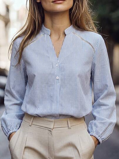 Louniche Women's Stand Collar Lace Trim Patchwork Shoulder Blouse, Spring/Autumn Casual Commute Striped Lantern Sleeve Shirt