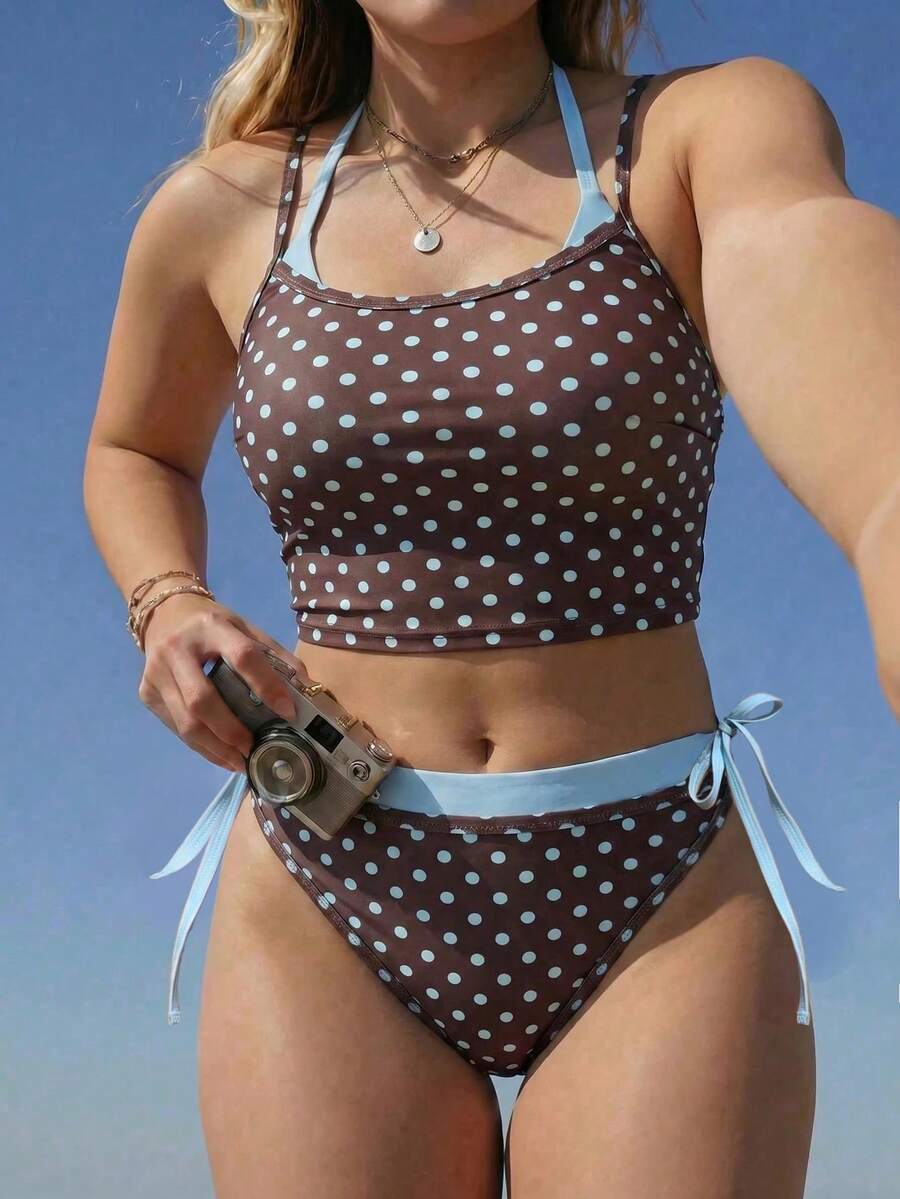 Swim Mod 2026 Spring/Summer New Plus Size 2-Piece Blue-Grey Large Scoop Neck Shoulder Strap Random Polka Dot Design Women's Bikini Set Set Casual Suitable For Beach Vacation - Multicolor - View 1