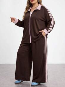 SHEIN CURVE+ Sporty Chocolate Brown Webbing Zipper Placket Sweatshirt Autumn 2026 Plus Size 22W Back To School Vacation Active Fall - Brown - View 7