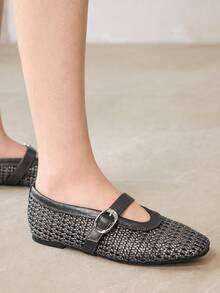 MOTF PREMIUM SPRING AND SUMMER NEW FRENCH FASHION RETRO HOLLOW WOVEN FISHING NET SHOES WOMEN'S BALLET SHOES SQUARE TOE FLAT MARY JANE SHOES LIGHT AND COMFORTABLE - Ink ash - View 6