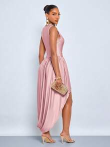 SOLERSUN Summer Women's High-End Waist-Cinching High-Waisted Design Apricot Bodycon Slim Long Dress - Pink - View 3