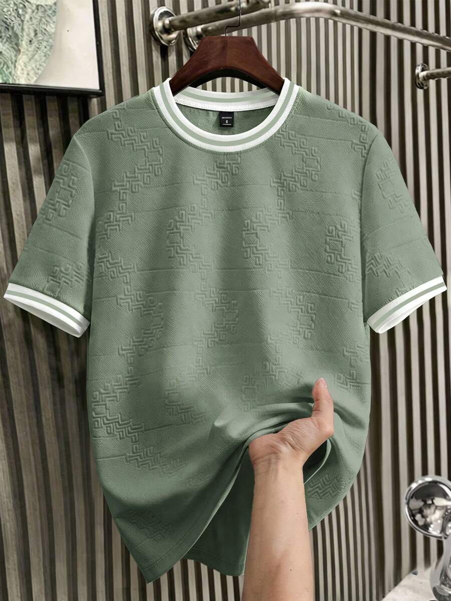 Manfinity Homme Camiseta de punto jacquard de unicolor con textura en cuello y puños acanalados para hombre - Verde - Ver 1