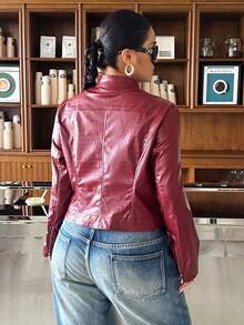 Muchica Plus Size Women Solid Color PU Leather Zipper Fashion Versatile Daily Casual Long Sleeve Jacket Winter - Red - View 5