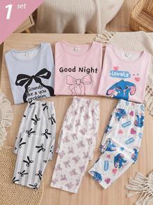 Genkimix Kids 女童淺紫色極簡時尚蝴蝶結元素印花長褲與長袖休閒舒適兩件式居家服套裝 - 紫色 - 查看 1