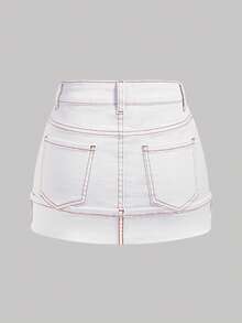 SHEIN MOD 女款時尚性感鈕扣口袋牛仔迷你裙 - 白色 - 查看 2