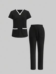TaskEZ Conjunto de Uniforme Médico, Conjunto de Uniforme de unicolor Minimalista de Manga Corta y Pantalones para Uso Diario - Multicolor - Ver 1