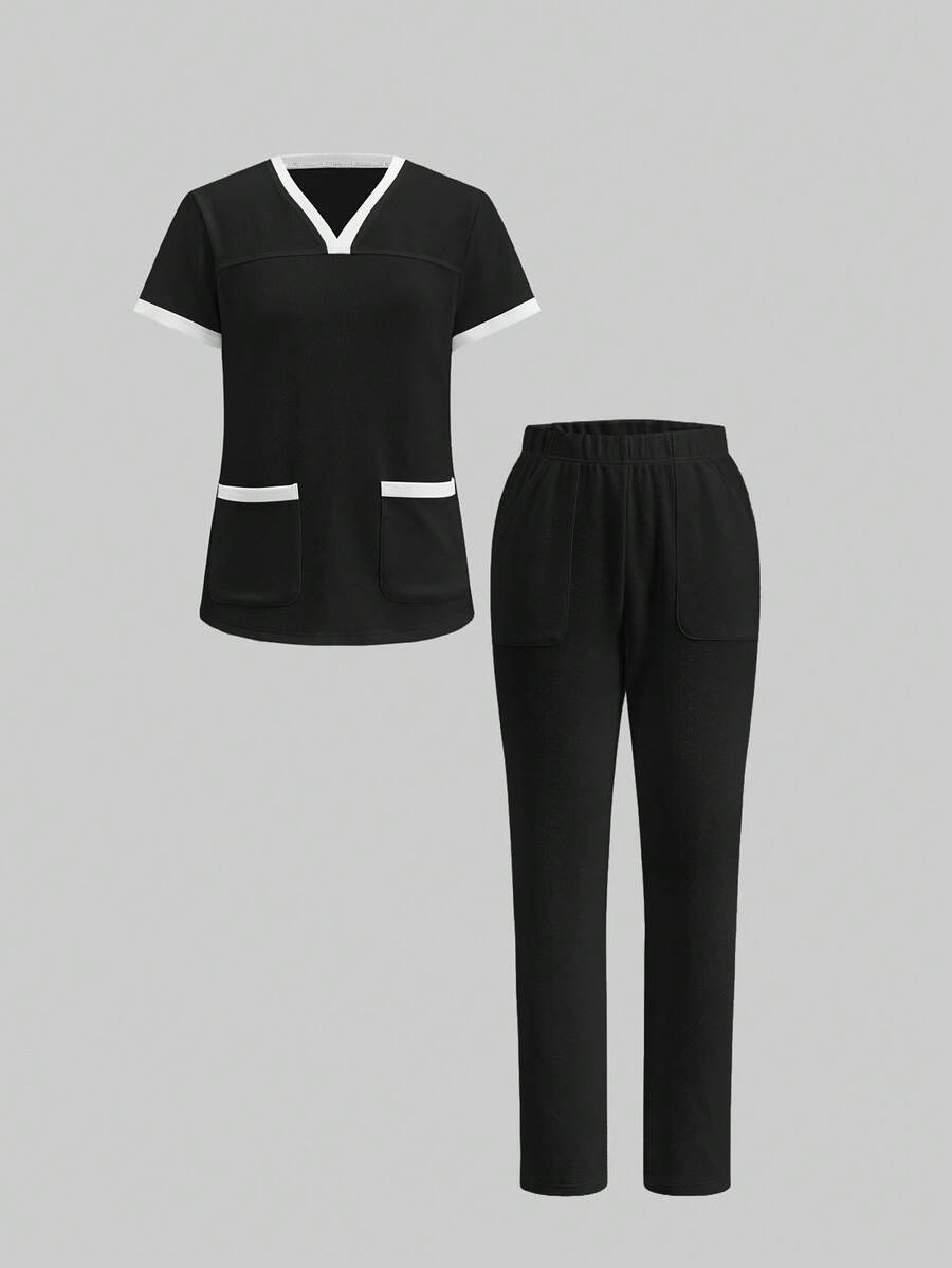 TaskEZ Conjunto de Uniforme Médico, Conjunto de Uniforme de unicolor Minimalista de Manga Corta y Pantalones para Uso Diario - Multicolor - Ver 1