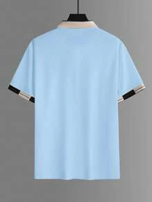 Calvornis 男士珠飾刺繡羅紋領短袖休閒 Polo 衫 - 藍色 - 查看 5
