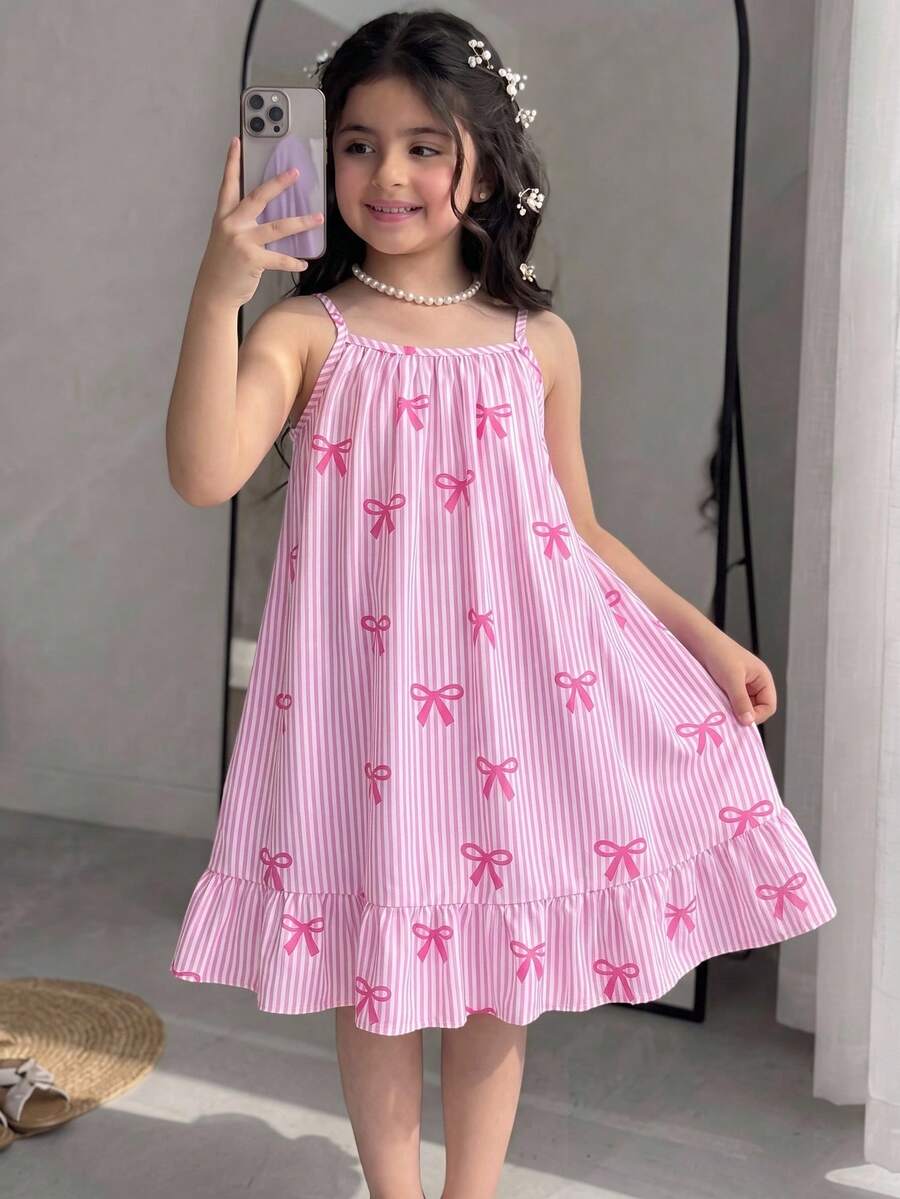SHEIN Girls Woven Fabric Bow Striped Digital Print Ruffle Hem Strap Dress,White,Summer,Fairy,Birthday,Kids Patchwork Colorful Outfits For Travel,Parties - Multicolor - View 1