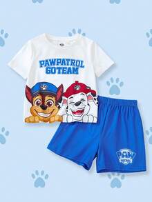 SHEIN | PAW Patrol 2pcs/Set Young Boy Casual Letter & Dog Print Round Neck Short Sleeve T-Shirt And Shorts Comfortable Pajama Set - Multicolor - View 1