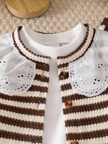 3pcs Genkimix Young Girl Ruffle Collar Fitted Solid Color Base Layer Top + Lace Collar Fashion Casual Front Button Vest + Fashion Casual Solid Color Straight Leg Pants - Brown - View 7