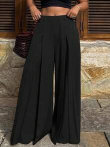 Dazy Plus Old Money Casual Solid Color Loose Pleated Wide Leg Skort Spring Autumn Long Pants - Black - View 5
