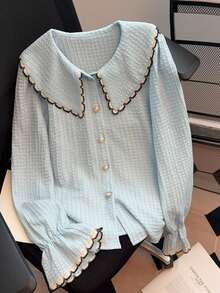 Franclia New Arrival Colorblock Cute Puff Sleeve Women Blouse - Blue - View 4