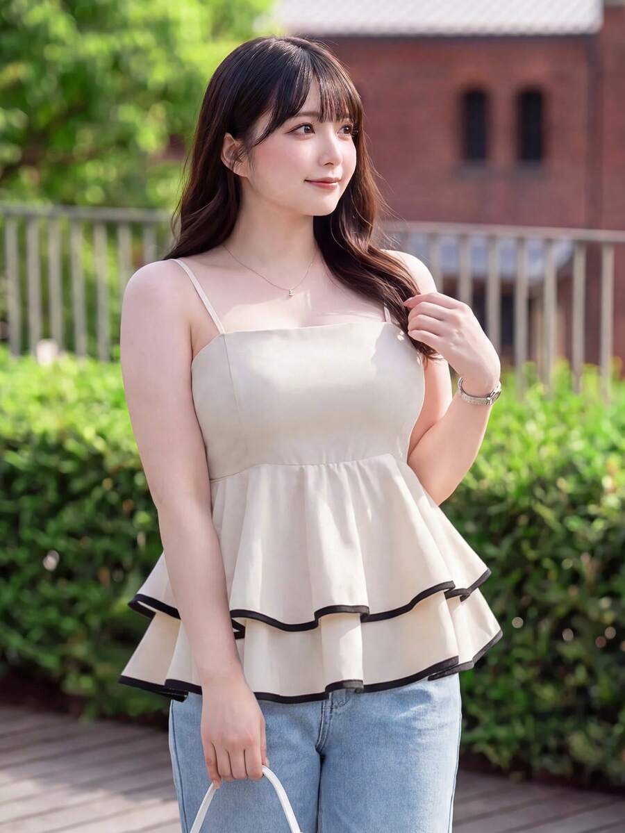 Bijouette 休閒度假純色梭織細肩帶背心與背心上衣 大尺碼 - 杏色 - 查看 1