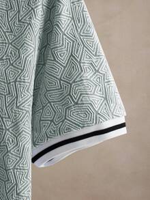 Manfinity Homme Men's Blue Geometric Textured V-Neck Contrast Trim Polo Shirt - Green - View 4